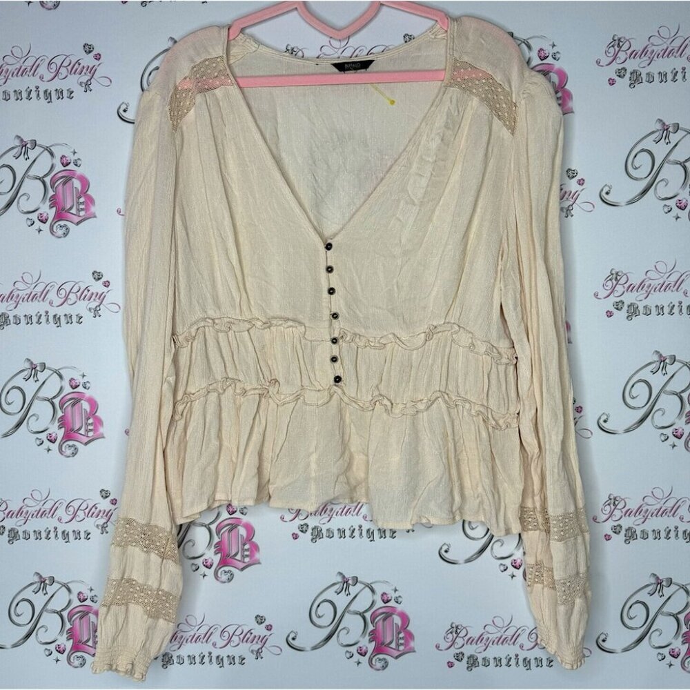 Buffalo long sleeve blouse top crochet style button down blouse puff ruffle boho